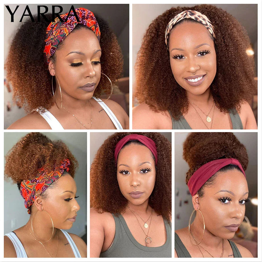 Afro Kinky Curly Headband Wig Human Hair Ombre 1b/30 Remy Brazilian Hair Headband Wigs for Black Women 180% Machine Made Yarra