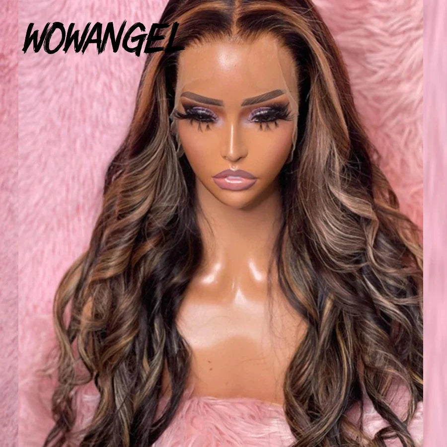 Wow Angel 250% 13x4 HD Lace Frontal Wigs Body Wave Highlight Wig Pre Plucked Melt Skin Full Lace Frontal Wig HD Lace Closure Wig