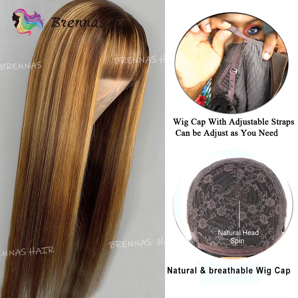 Ombre Straight Human Hair Wig Peruvian Honey Blonde Highlight Straight Wig With Bangs Glueless Machine Made Wigs For Black Women