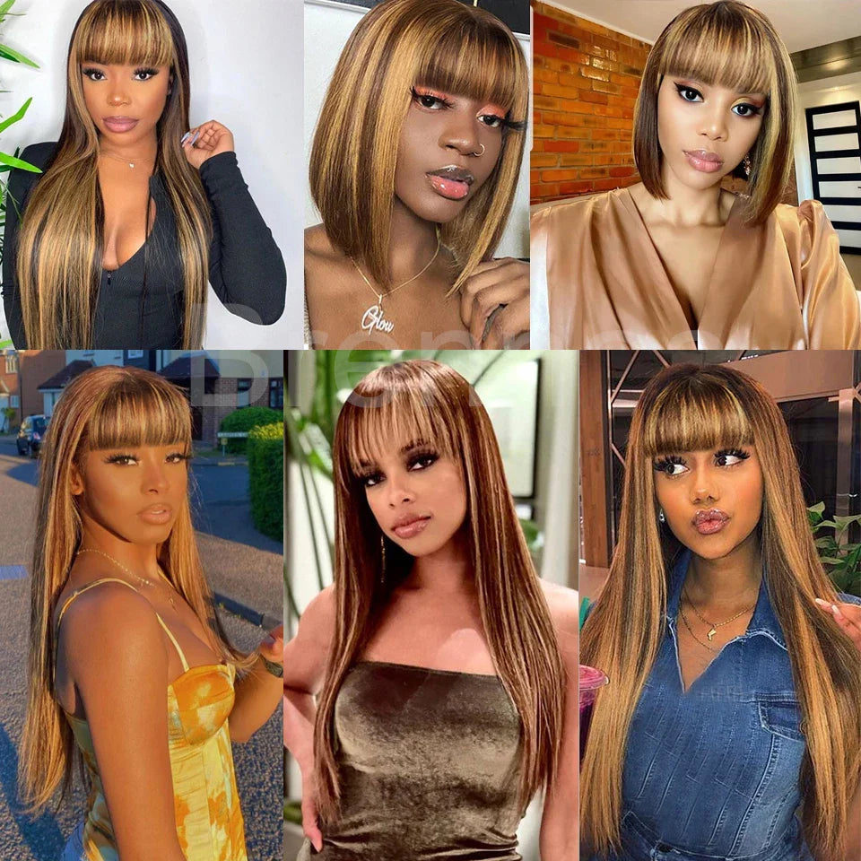 Ombre Straight Human Hair Wig Peruvian Honey Blonde Highlight Straight Wig With Bangs Glueless Machine Made Wigs For Black Women