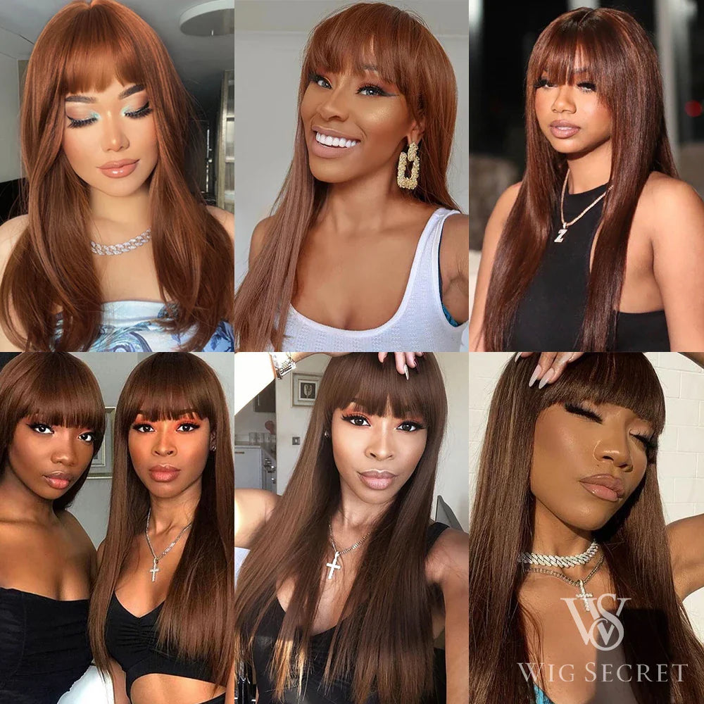Straight Brown Wig With Bangs Fringe Human Hair Wigs With Bang For Women Brazilian Remy Full Machine Made Glueless Ready To Go