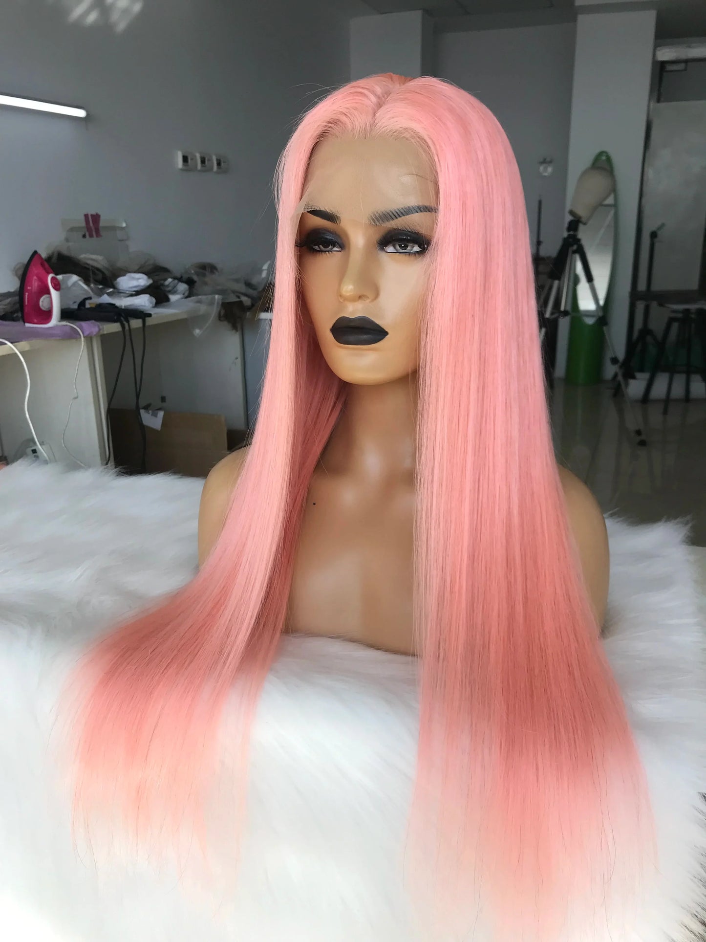 QueenKing hair Full Lace Human hair Wig 130% Density Pink Silky Straight Hair 100% Brazilian Human Remy Hair
