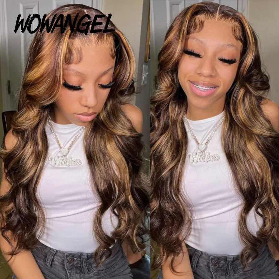 Wow Angel 250% 13x4 HD Lace Frontal Wigs Body Wave Highlight Wig Pre Plucked Melt Skin Full Lace Frontal Wig HD Lace Closure Wig