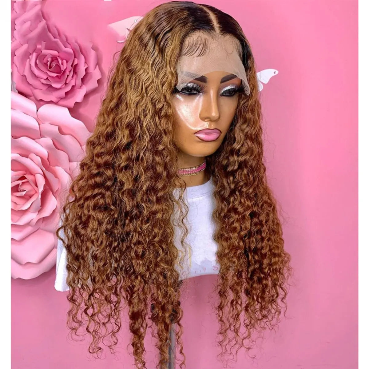 Natural Ombre 1B Brown Soft 26 Long Kinky Curly 180Density Synthetic Lace Front Wig High Temperature Cosplay Glueless Daily