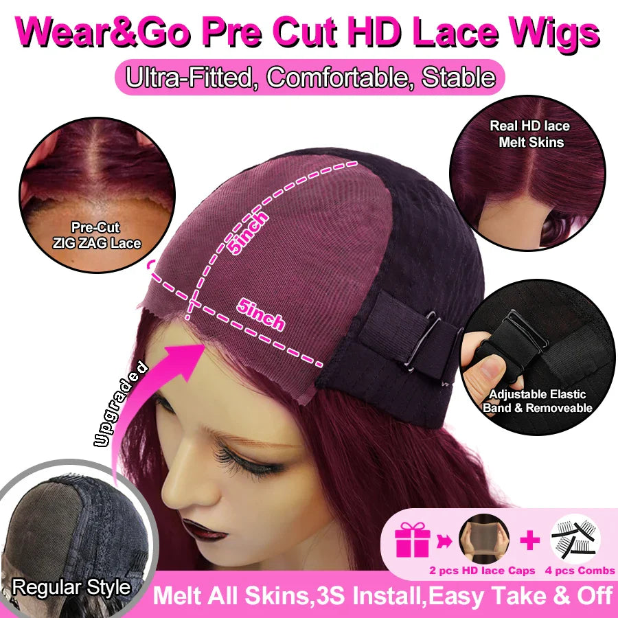 Wear&Go Pre Cut HD Lace Closure Wigs 250% 99J Burgundy Colored Body Wave Wigs 5x5 HD Transparent Lace Closure Human Hair Wigs
