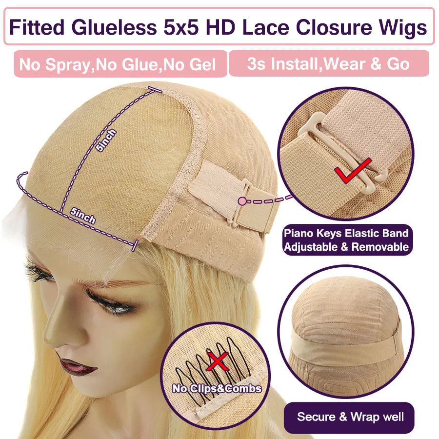 Wow Angel 32inch Glueless Wigs 613 Blonde Wigs 5x5 HD Lace Closure Human Hair Wigs Straight Wigs Melt Skins Ready to Go Wigs