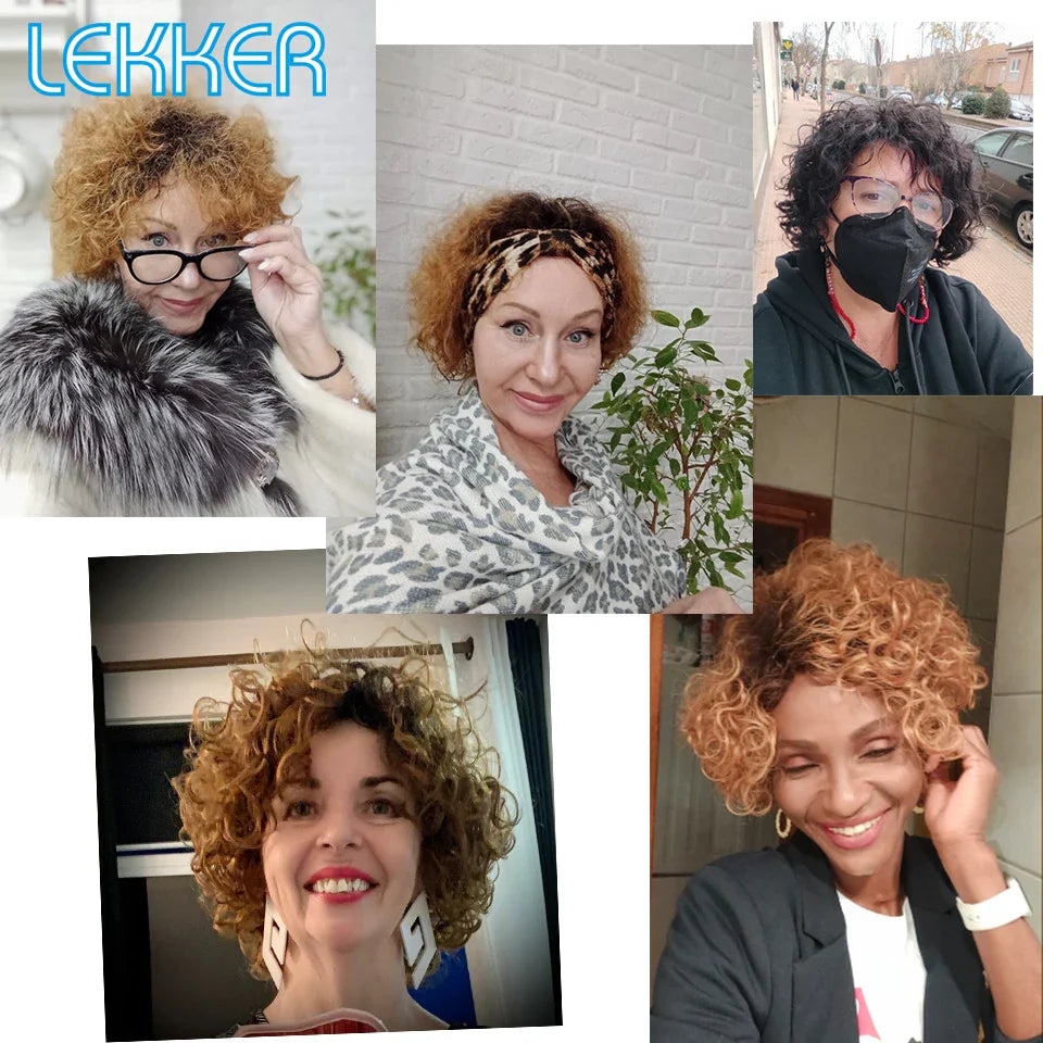 Lekker Colored Short Kinky Curly Bob Human Hair Wig For Women Natural Glueless Brazilian Remy Hair Ombre Brown Fluffy Curl Wigs