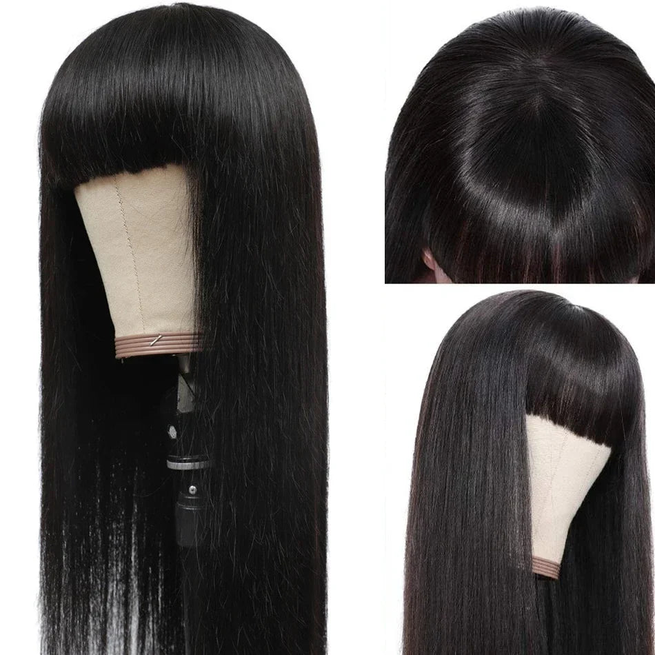 38 40 Inches Straight Full Machine Made Wig with Bangs Natural Human Hair Wig For Women Brazilian Remy Hair  Wig 250 Density