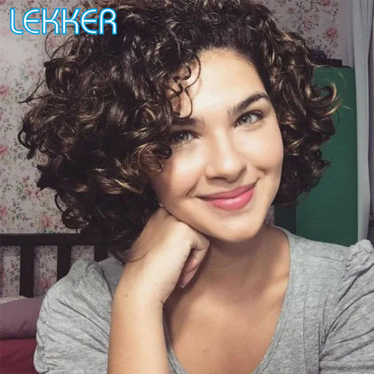 Lekker Colored Short Kinky Curly Bob Human Hair Wig For Women Natural Glueless Brazilian Remy Hair Ombre Brown Fluffy Curl Wigs