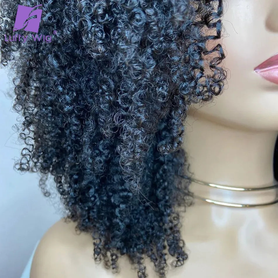 Short Afro Kinky Curly V Part Wig Human Hair No Leave Out Kinky Curly V Part Glueless Human Hair Wigs for Women with Lace Front