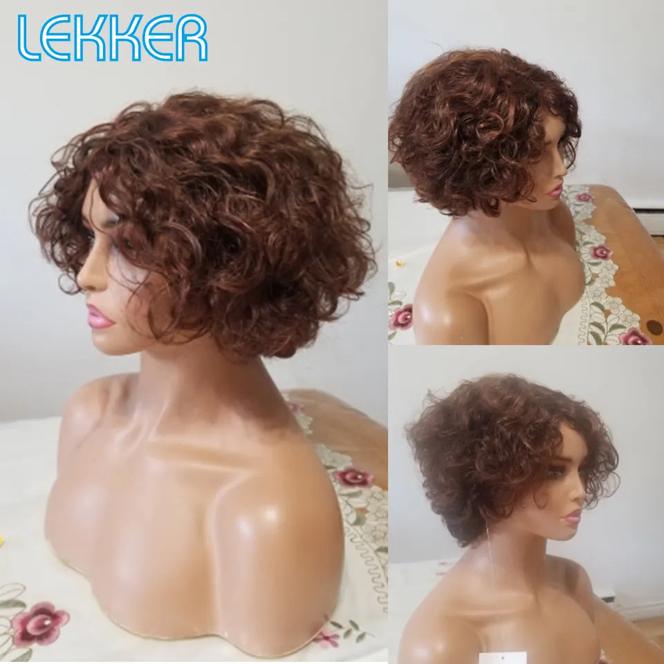Lekker Colored Short Kinky Curly Bob Human Hair Wig For Women Natural Glueless Brazilian Remy Hair Ombre Brown Fluffy Curl Wigs