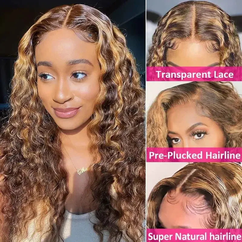 Ombre Highlight Glueless Lace Front Wig Curly Hair Human Hair Water Wave Lace Front Wig 180% High Density Highlight Color 34Inch