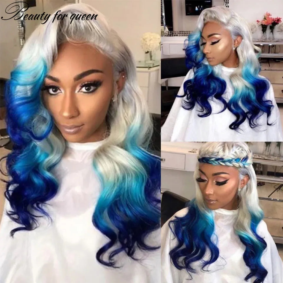 Ombre Blue Lace Front Human Hair Wigs For Women 150% Brazilian Hair Front Lace Wigs With Baby Hair Transparent Lace Frontal Wigs