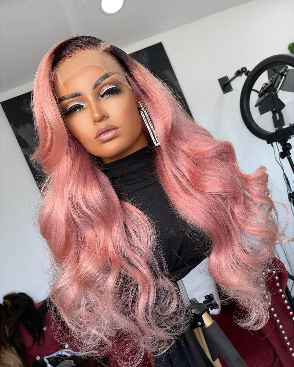 Glueless Ombre Pink Blonde with Dark Roots HD Transparent Lace Front Wigs Human Hair for Women Wavy Full Lace Wigs Pre plucked