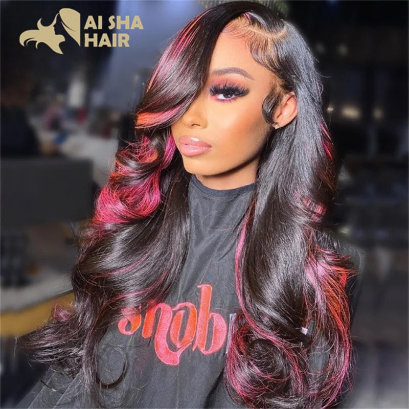 Transparent Lace Brown Pink 13x4 Body Wave Lace Frontal Wig For Women Pink Hightlight Body Lace Front Human Hair Wigs Remy Wig