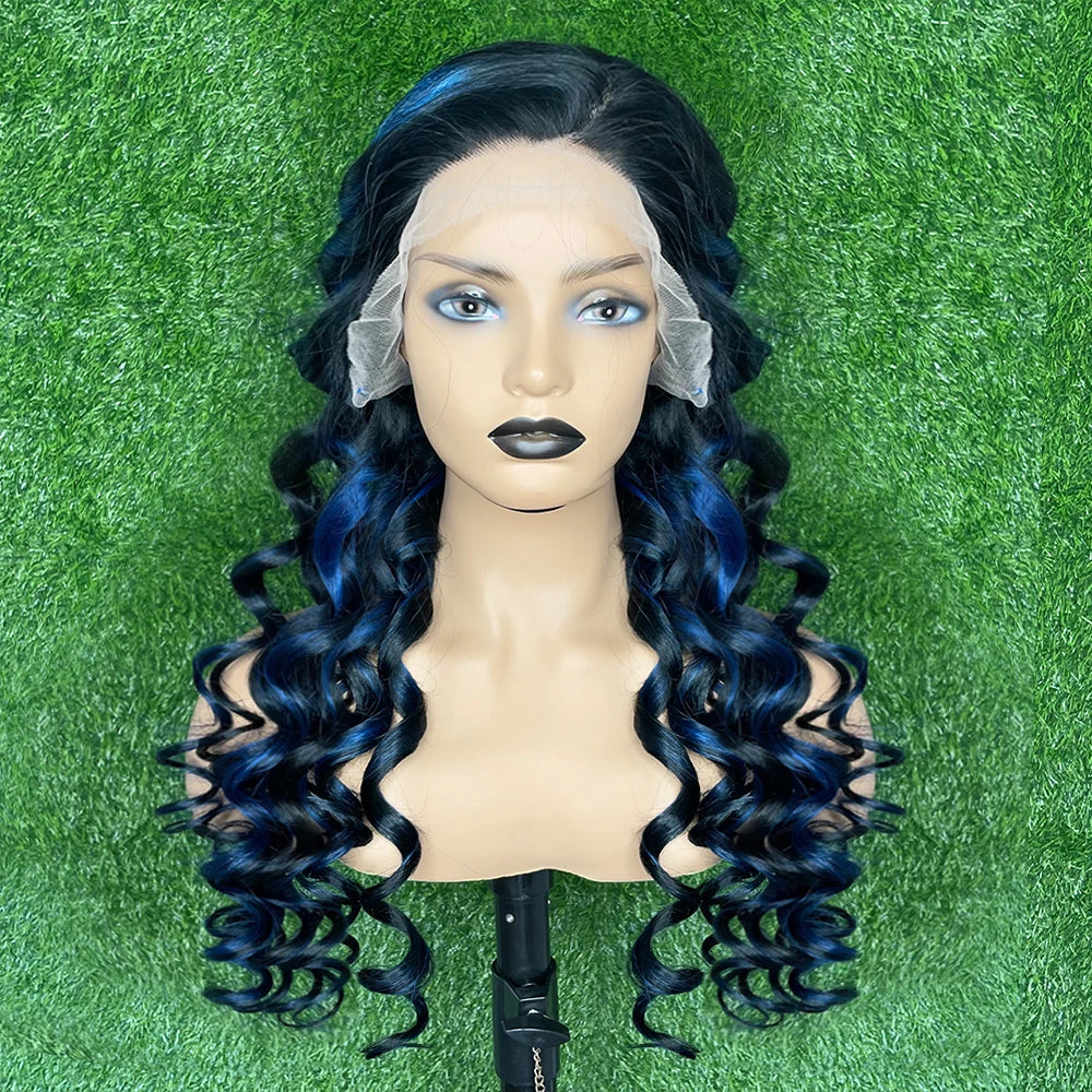 Highlight  Black With Blue 13x6 Transparent Lace Frontal Wigs Human Hair Wig For Women Brazilian  Hair Glueless Full Lace Wigs