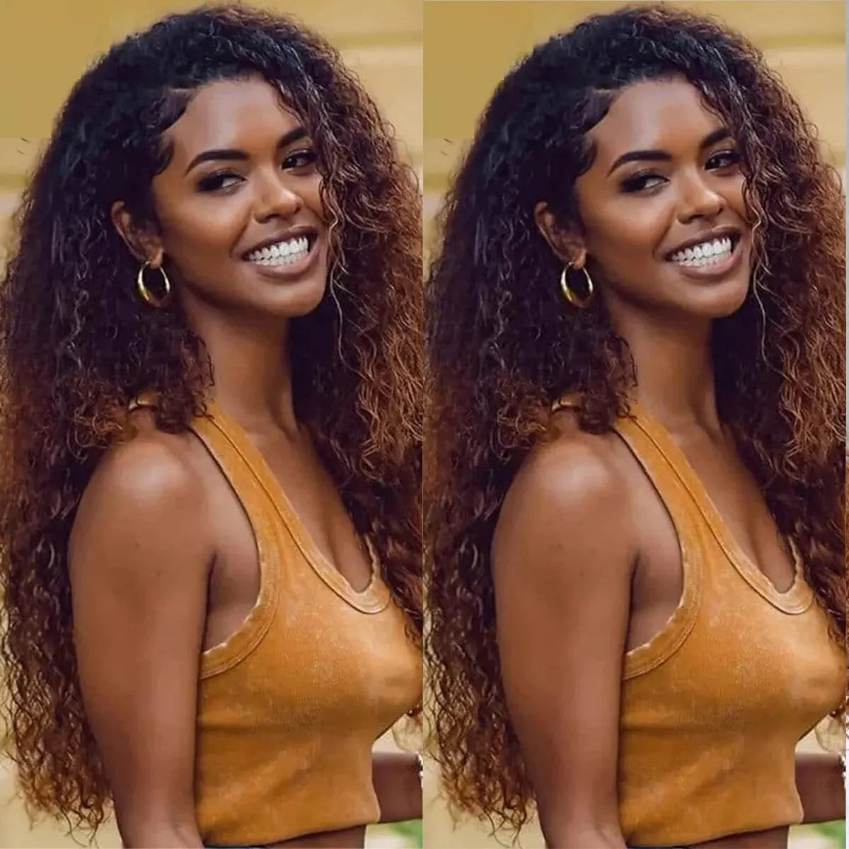 Natural Ombre 1B Brown Soft 26 Long Kinky Curly 180Density Synthetic Lace Front Wig High Temperature Cosplay Glueless Daily