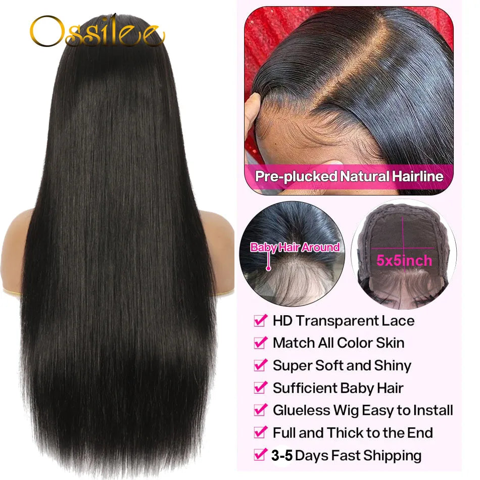 5x5 HD Lace Closure Wig Straight Glueless Wig Human Hair Brazilian 6x6 Lace Closure Wig Pre Plucked Ossilee Hair Wig