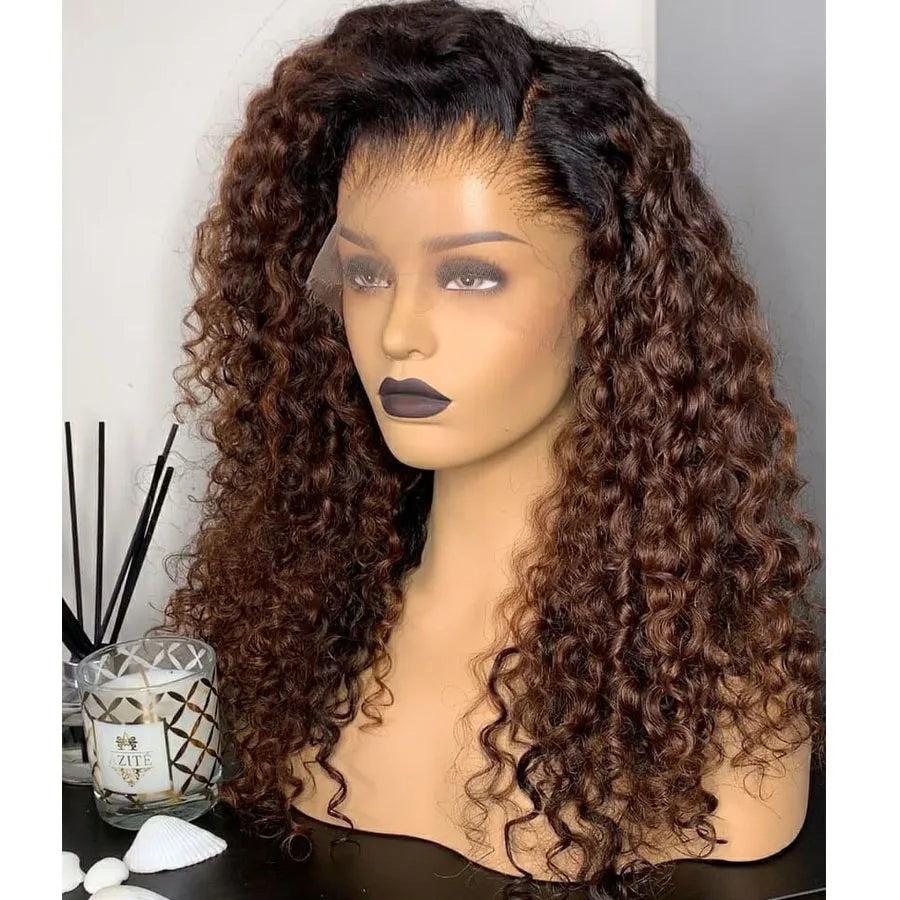 Ombre Brown Kinky Curly Brazilian Remy Human Hair Full Lace Wig With 4x4Silk Base For Women Glueless PrePlucked With BabyHair