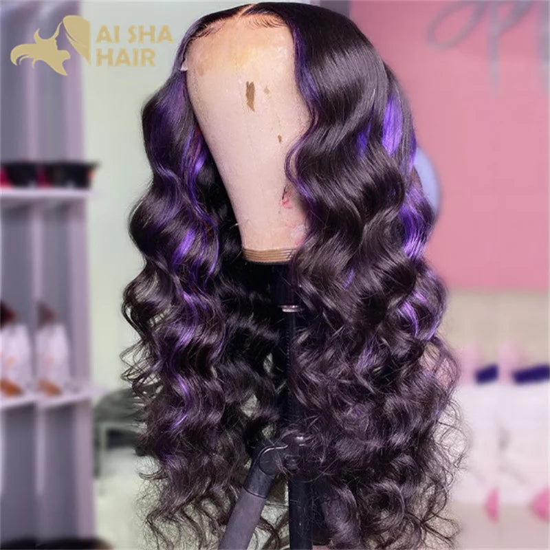 Highlight Purple with Pink Body Wave Human Hair Wigs Transparent Brazilian 13x4 Lace Frontal wig 13x6 lace Front Wig Pre Plucked