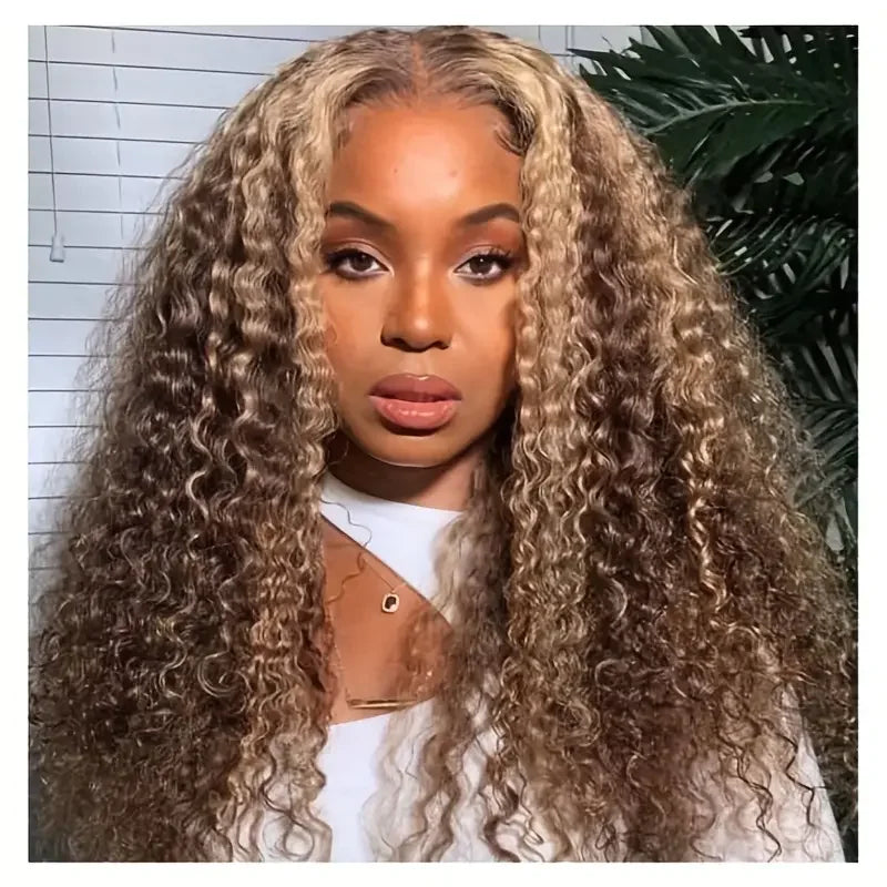 Ombre Highlight Glueless Lace Front Wig Curly Hair Human Hair Water Wave Lace Front Wig 180% High Density Highlight Color 34Inch
