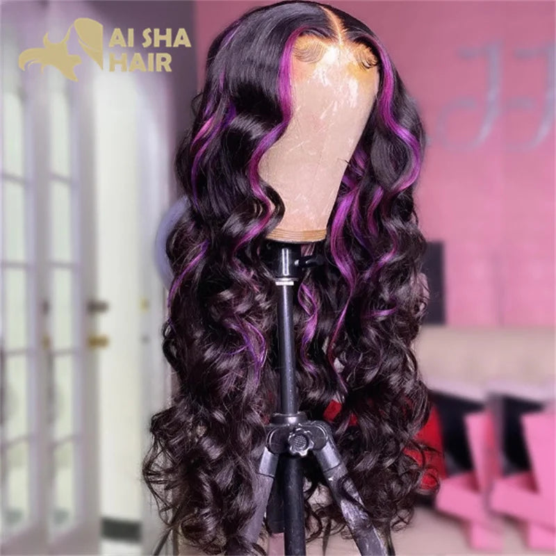 Highlight Purple with Pink Body Wave Human Hair Wigs Transparent Brazilian 13x4 Lace Frontal wig 13x6 lace Front Wig Pre Plucked