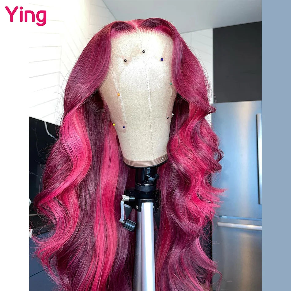 Ying Hair Body Wave 250% Highlight Rose Pink With Deep Purple 1 Root 13x4 Lace Front Wig Glueless Human Hair PrePlucked