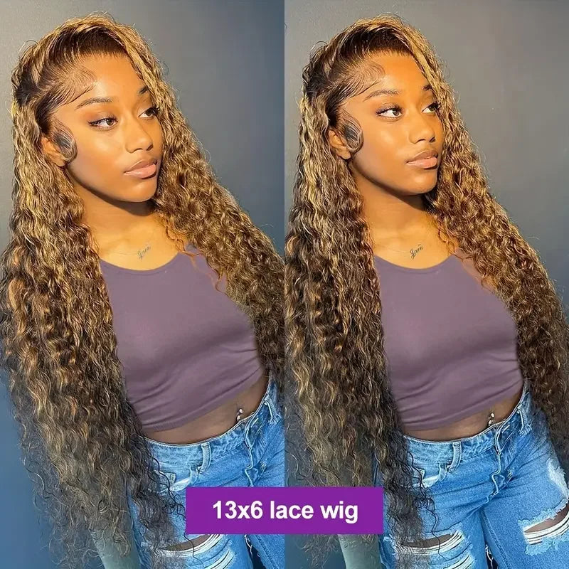 Ombre Highlight Glueless Lace Front Wig Curly Hair Human Hair Water Wave Lace Front Wig 180% High Density Highlight Color 34Inch