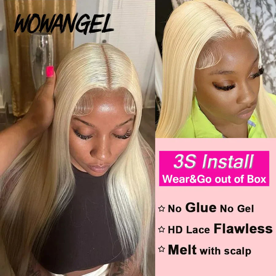 Wow Angel 32inch Glueless Wigs 613 Blonde Wigs 5x5 HD Lace Closure Human Hair Wigs Straight Wigs Melt Skins Ready to Go Wigs