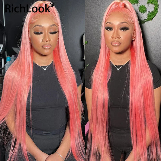 Pink Lace Front Human Hair Wigs Bone Straight Lace Front Wig For Women Transparent Lace 13x4 Lace Frontal Human Hair Wig Remy