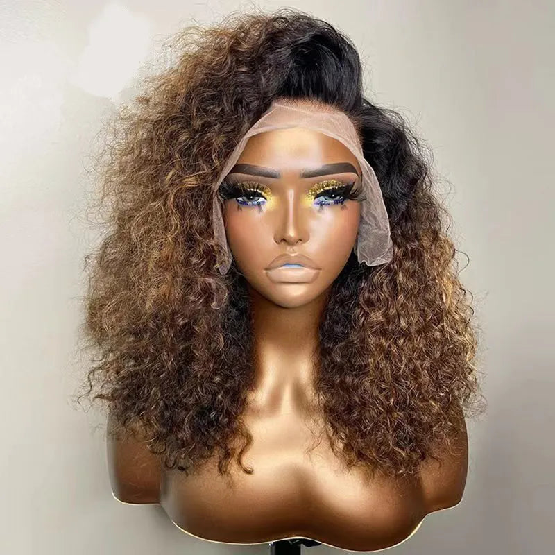 Preplucked 26Inches Long 180%Density Glueless Ombre Blonde Kinky Curly Lace Front Wig With BabyHair Heat Temperature Daily Wear