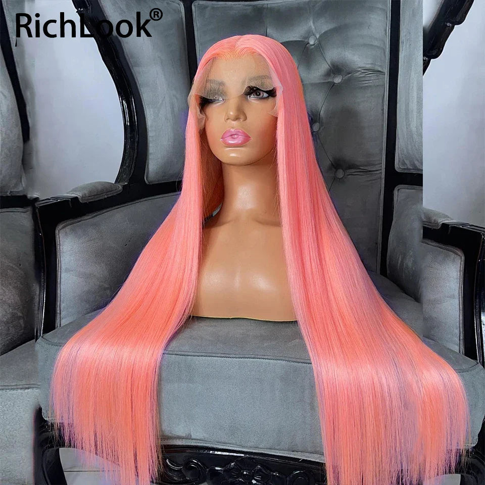 Pink Lace Front Human Hair Wigs Bone Straight Lace Front Wig For Women Transparent Lace 13x4 Lace Frontal Human Hair Wig Remy