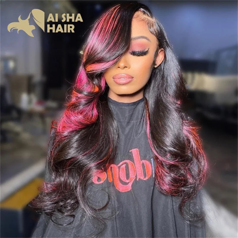 Transparent Lace Brown Pink 13x4 Body Wave Lace Frontal Wig For Women Pink Hightlight Body Lace Front Human Hair Wigs Remy Wig