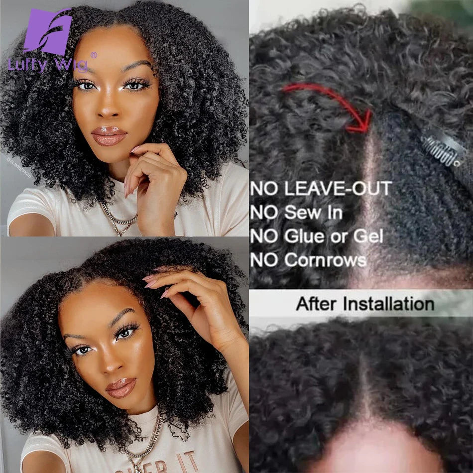 Glueless V Part Wig Kinky Curly Brazilian Human Hair No Leave Out Upgrade U Part Afro 4B 4C Deep Curl V Shape Wigs For Women
