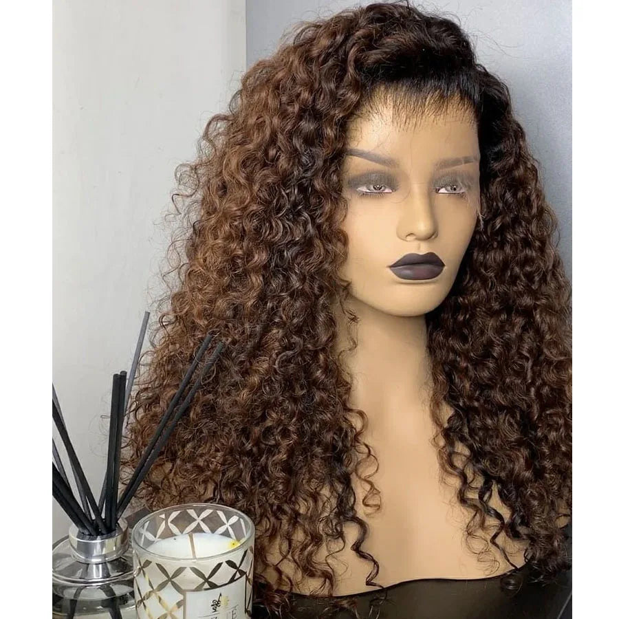 Ombre Brown Kinky Curly Brazilian Remy Human Hair Full Lace Wig With 4x4Silk Base For Women Glueless PrePlucked With BabyHair