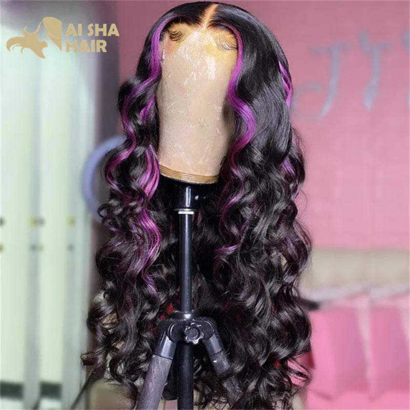 Highlight Purple with Pink Body Wave Human Hair Wigs Transparent Brazilian 13x4 Lace Frontal wig 13x6 lace Front Wig Pre Plucked