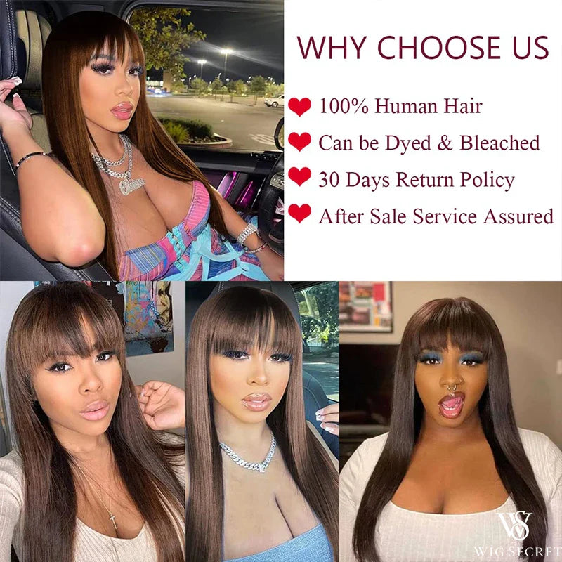 Straight Brown Wig With Bangs Fringe Human Hair Wigs With Bang For Women Brazilian Remy Full Machine Made Glueless Ready To Go