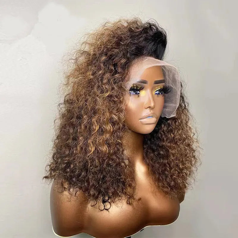 Preplucked 26Inches Long 180%Density Glueless Ombre Blonde Kinky Curly Lace Front Wig With BabyHair Heat Temperature Daily Wear