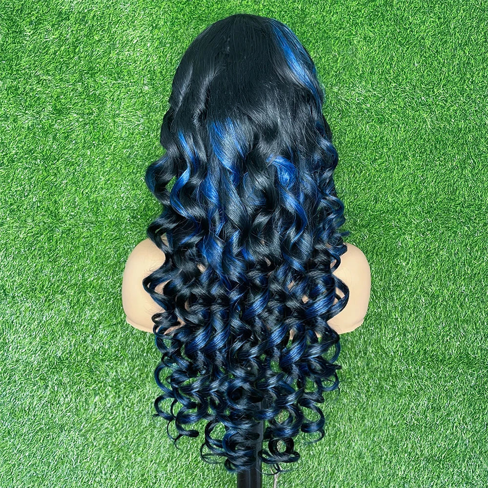 Highlight  Black With Blue 13x6 Transparent Lace Frontal Wigs Human Hair Wig For Women Brazilian  Hair Glueless Full Lace Wigs