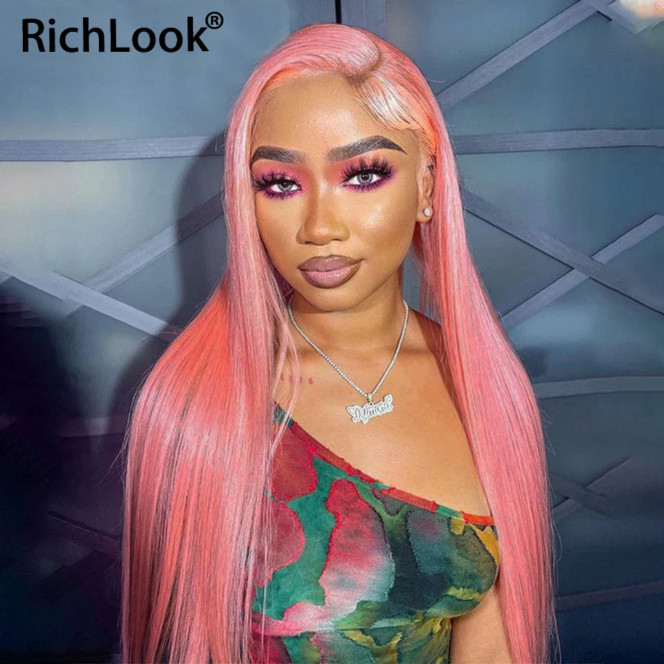 Pink Lace Front Human Hair Wigs Bone Straight Lace Front Wig For Women Transparent Lace 13x4 Lace Frontal Human Hair Wig Remy