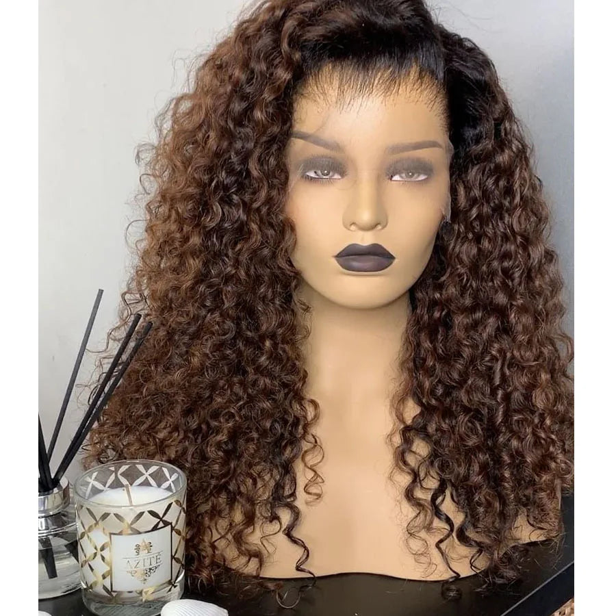 Ombre Brown Kinky Curly Brazilian Remy Human Hair Full Lace Wig With 4x4Silk Base For Women Glueless PrePlucked With BabyHair