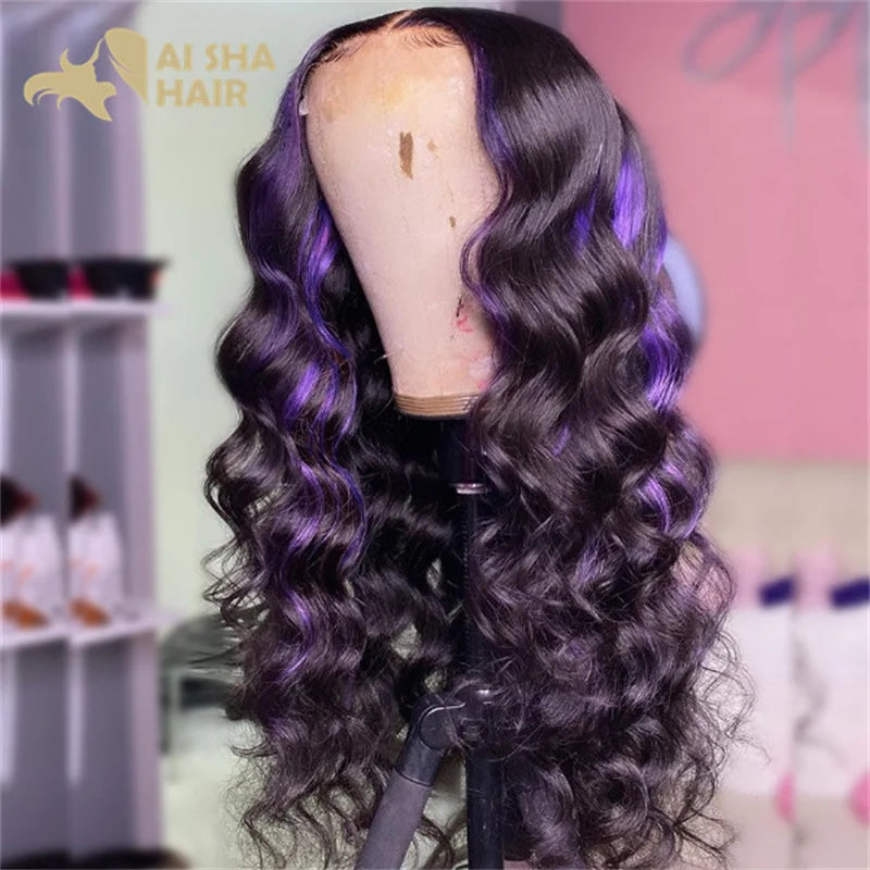 Highlight Purple with Pink Body Wave Human Hair Wigs Transparent Brazilian 13x4 Lace Frontal wig 13x6 lace Front Wig Pre Plucked