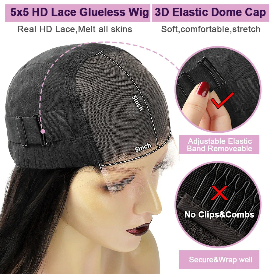 Wow Angel 5x5 Wear Go HD Lace Closure Glueless Wigs 28in Malaysian Straight Wig Pre Plucked Human Wigs Ready to Go Wig For Woman