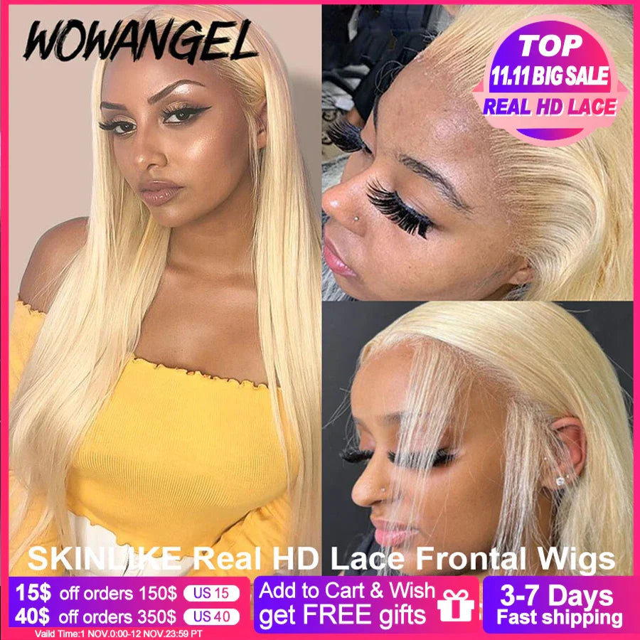 34inch 13x4 Full Frontal Wigs 613 Blonde HD Lace Front Human Hair Wig Straight Wigs Pre Plucked HD Lace Closure Wigs Melt Skins