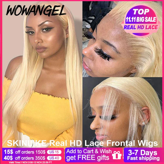 34inch 13x4 Full Frontal Wigs 613 Blonde HD Lace Front Human Hair Wig Straight Wigs Pre Plucked HD Lace Closure Wigs Melt Skins