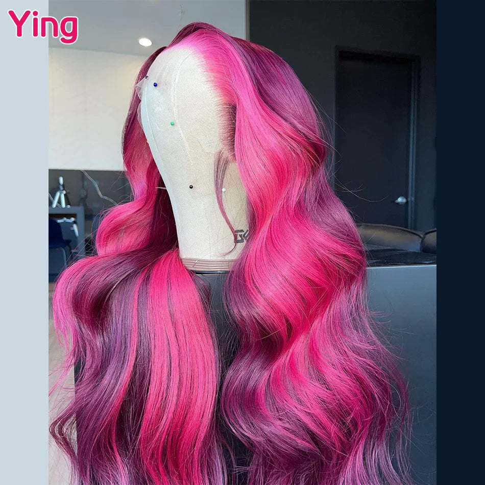 Ying Hair Body Wave 250% Highlight Rose Pink With Deep Purple 1 Root 13x4 Lace Front Wig Glueless Human Hair PrePlucked