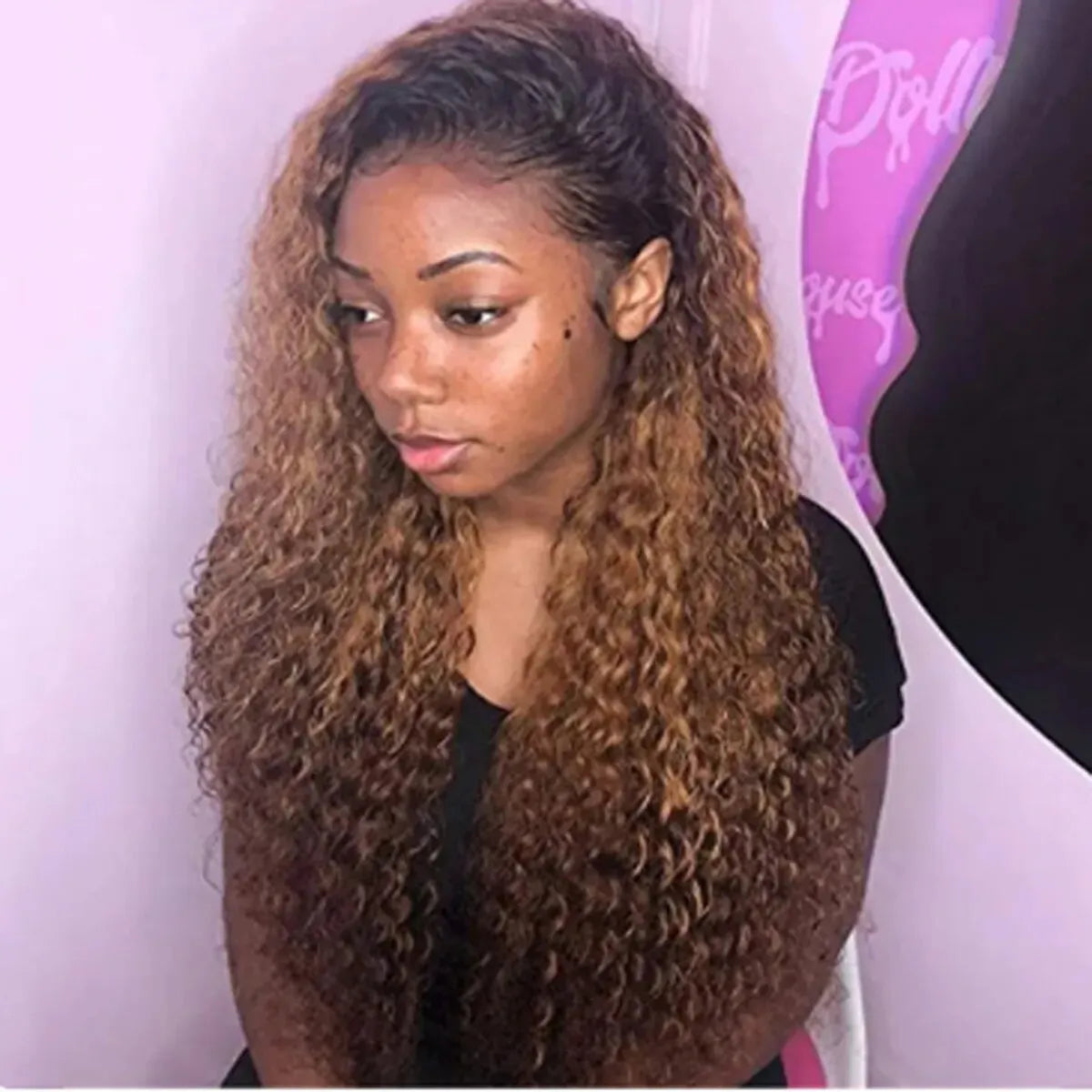 Natural Ombre 1B Brown Soft 26 Long Kinky Curly 180Density Synthetic Lace Front Wig High Temperature Cosplay Glueless Daily