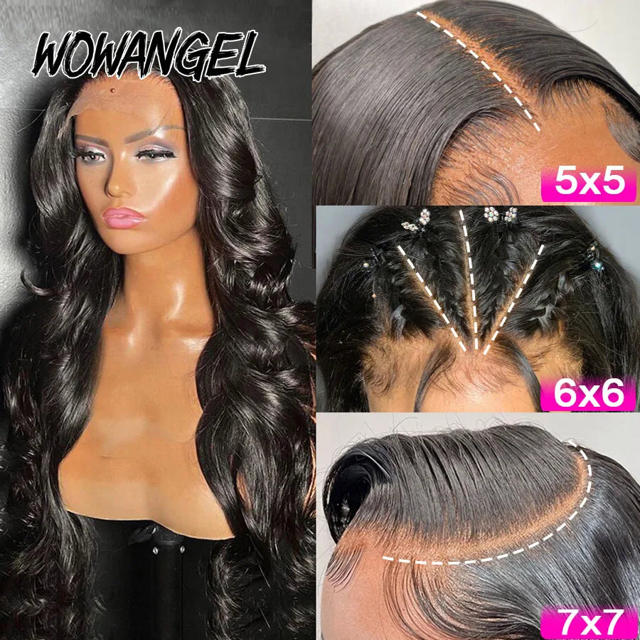 Wow Angel 7x7 HD Lace Closure Wigs 34inch Body Wave Wigs Remy Hair 6x6 HD Lace Closure Human Hair Wigs Pre Plucked Glueless Wigs