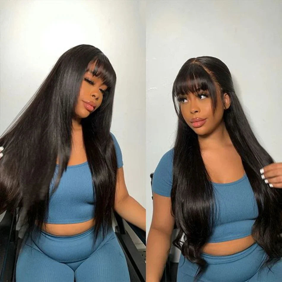 38 40 Inches Straight Full Machine Made Wig with Bangs Natural Human Hair Wig For Women Brazilian Remy Hair  Wig 250 Density