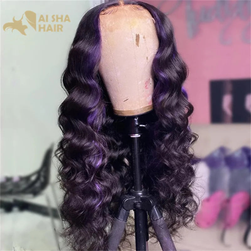 Highlight Purple with Pink Body Wave Human Hair Wigs Transparent Brazilian 13x4 Lace Frontal wig 13x6 lace Front Wig Pre Plucked